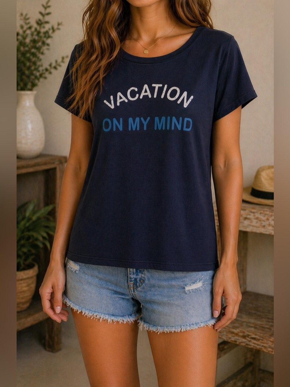 Blue Graphic T-Shirt that Says “Vacation On My Mind” 🌴 ☀️ 🌊